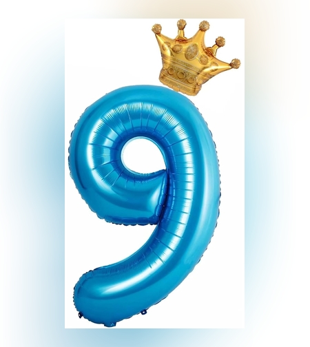 Balon din Folie Metalizata Flippy, Figurina Cifra si Coroana, Tema Aniversare 100 cm, Ambalaj Individual, Pai inclus, Umflare cu Aer sau Heliu, Albastru, Cifra 9