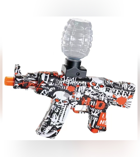 Mitraliera de jucarie electrica Flippy cu bile de hidrogen de gel, gun bluster, tragere in rafala, varsta peste 6 ani, sageti cu ventuze de spuma, amortizor, ochelari de protectie, 5000 de bile incluse, cablu de incarcare, 28x31 cm, AK47, rosu