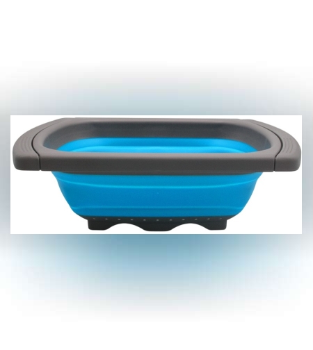 Cos de Scurgere Retractabil pentru Chiuveta, Flippy, cu Filtru, pentru Fructe si Legume, de Uz Casnic, 39x12 cm, Design Extensibil pana la 61 cm, cu Manere de Prindere, Albastru