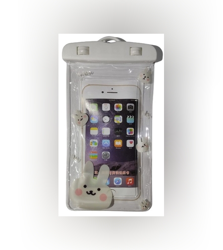 Husa subacvatica Kids Waterproof Flippy, Snowproof, Universala, cu Snur, pentru telefon sau documente, Bunny, Alb