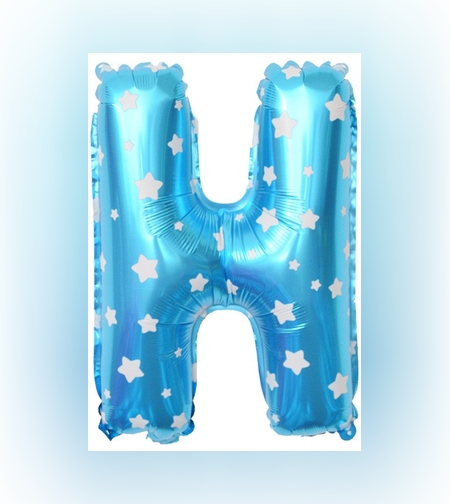 Balon Folie Metalizata Litera H, Flippy, 40 cm, Cu Imprimeu Stelute, Umflati cu Heliu sau Aer, Ambalaj Individual, Pai inclus, Albastru