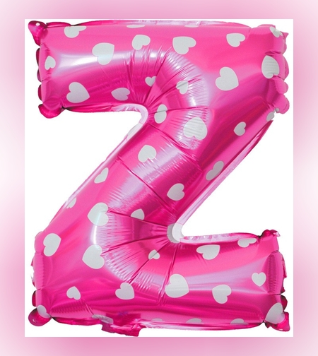 Balon Folie Metalizata Litera Z, Flippy, 40 cm, Cu Imprimeu Inimioare, Umflati cu Heliu sau Aer, Ambalaj Individual, Pai inclus, Roz