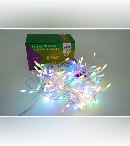 Sectiune Instalatie de Craciun, Flippy®, Tip Turturi, Fara Alimentator, 5m, 143 LED-uri, 8 Jocuri de Lumini, Fir Transparent, Lumina Multicolora, IP44, Interconectabila
