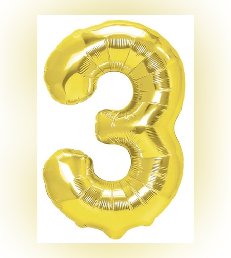Balon din Folie Metalizata Flippy, Figurina Cifra, Tema Aniversare 40 cm, Ambalaj Individual, Pai inclus, Umflare cu Aer sau Heliu, Auriu, Cifra 3
