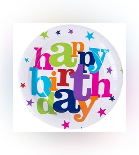 Set 6 Farfurii Unica Folosinta, Flippy, Imprimeu Happy Birthday, din Carton, Diametru 18 cm, Multicolor