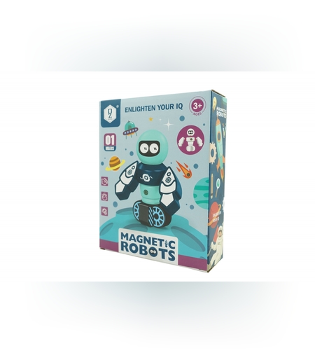 Set inteligent de blocuri magnetice pentru copii, 7 piese, cutie depozitare, robotel, albastru