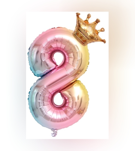 Balon din Folie Metalizata, Flippy, Figurina Cifra Gradient, Tema Aniversare 80 cm, Ambalaj Individual, Pai inclus, Umflare cu Aer sau Heliu, Coronita, Cifra 8