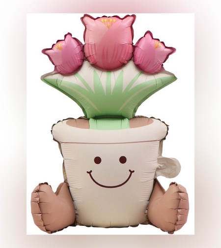 Balon din Folie Metalizata, Flippy, Figurina Animata, Model Ghiveci de Flori, 58 x 55 cm, Ambalaj Individual, Pai Inclus, Umflare cu Aer sau Heliu, Roz