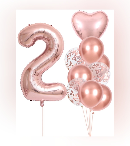 Set 10 Baloane Folie si Latex, Flippy, Tematica Aniversare, Baloane Latex 25cm, Figurina Inimioara 45 cm, Cifra 2 de 81 cm, Ambalaj Individual, Pai Inclus, Umflare cu Aer sau Heliu, Roz Pal