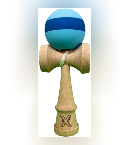 Kendama X Originala, Flippy, 18 cm, Profesionala, +9 Ani, din Lemn, Model cu Dunga, Bleu/Albastru