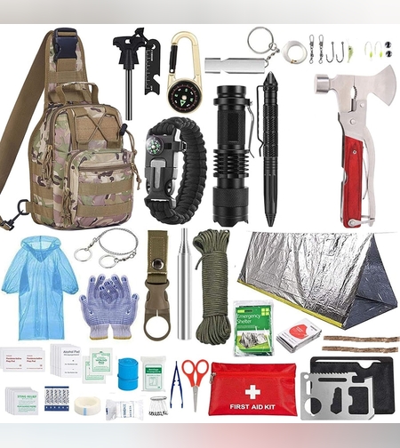 Kit supravietuire multifunctional Flippy, Instrumente profesionale, Trusa de Prim-Ajutor, pentru Camping, Drumetii, Aventuri in aer liber, borseta inclusa, model army