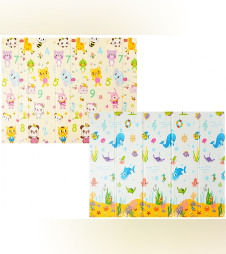 Covoras pentru Copii, Flippy, cu 2 Fete, Model Animale Marine/Exotice, din XPE+PE, Impermeabil, Antiderapant, Protectie Termica, +3 Luni, Pliabil, 180 x 200 x 1.5 cm, Multicolor