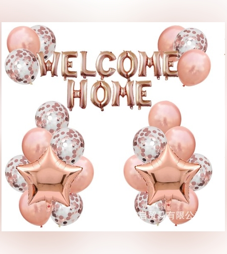 Set baloane folie si latex, Flippy, WELCOME HOME, 22 de piese, 20 baloane latex, 2 baloane stea Folie, 1 set Welcome Home, Rose gold metalic