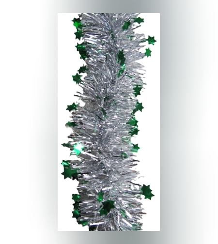 Beteala de Craciun cu LED, Flippy, 2 m, 5 cm Grosime, din PVC, Model cu Stelute, Artificiala, Verde/Argintiu