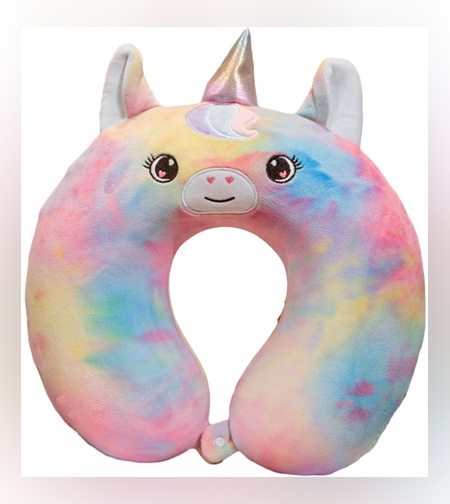 Perna de Calatorie in Forma de U, Flippy, Pentru Gat si Cap, Umplutura din Spuma cu Memorie, 30x30 cm, Model Unicorn, Accesoriu de Voiaj, Birou, Masina, Sistem Prindere Capse, Multicolor