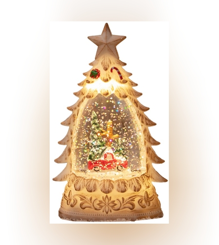 Decoratiune de Craciun tip Brad, Flippy, Glob de Cristal cu Fulgi de Zapada, Model Masinuta cu Brad, Iluminare LED, 16 x 9 x 5 cm, Carcasa Vintage Bej, Transparent