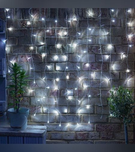 Instalatie Craciun Yoto, Tip Perdea, 3 m x 3 m, 320 LED-uri, Prelungitor 1.5 m, 8 Jocuri de Lumini, Interconectabila, Fir transparent, Interior/Exterior, Alb Rece