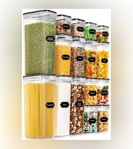 Cutii de depozitare alimente, Flippy, Set din 16 Cutii pentru Condimente, Cereale, Cutii pentru Bucatarie, din Plastic PP, Cutii Alimentare, Diferite Dimensiuni, Transparente