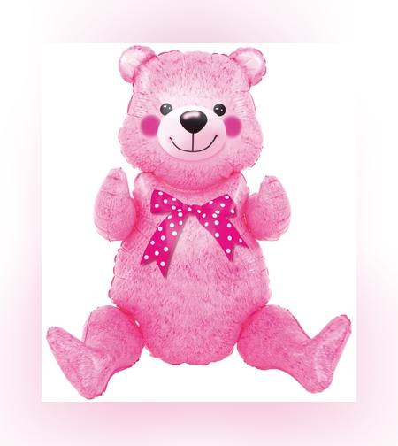 Balon din Folie Metalizata, Flippy, Figurina Animalute, Model Ursulet Asezat, Tematica Aniversare, 44x82.5 cm, Ambalaj Individual, Pai Inclus, Umflare cu Aer sau Heliu, Roz