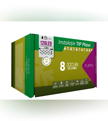 Instalatie Craciun, Tip Plasa, 1.5 m x 1.5 m, 120 LED-uri, Alb cald, 8 jocuri de lumini, Transformator, Interconectabila, Prelungitor 5 m inclus, Fir transparent, Flippy