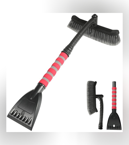 Perie de Zapada cu Racleta pentru Masina, Flippy, Multifunctionala, Rotativa, Demontabila, cu Maner Antiderapant, Aluminiu, Plastic, Fragmentarea Ghetii de pe Parbriz, Solutia pentru Iarna, pentru Dezghetare, 54x10.5x27 cm, Rosie