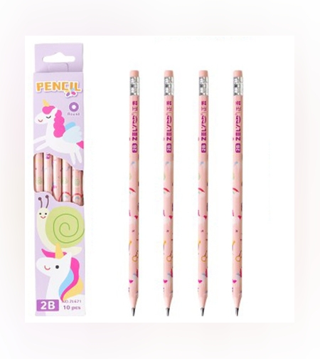 Set 10 Creioane Negre, Flippy, 2B, pentru Elevi Scoala, cu Radiera, Model Roz cu Unicorni