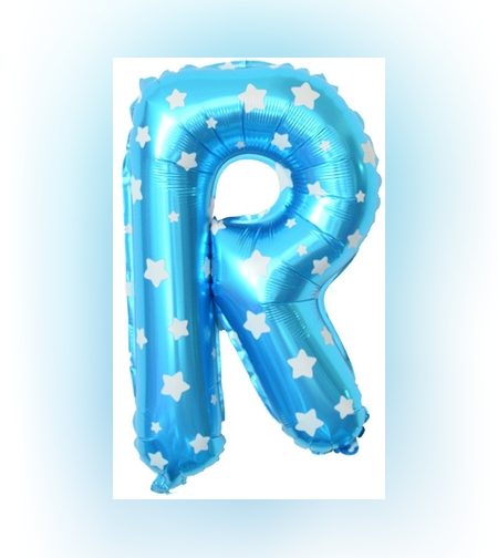 Balon Folie Metalizata Litera R, Flippy, 40 cm, Cu Imprimeu Stelute, Umflati cu Heliu sau Aer, Ambalaj Individual, Pai inclus, Albastru
