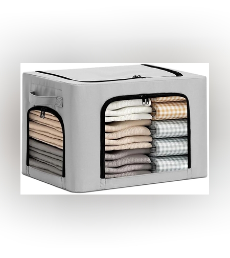 Cutie de Depozitare, Flippy, cu 3 Ferestre cu Fermoar Bidirectional, Cadru din Otel, Impermeabil, 38L, 42 x 30 x 30 cm, Gri