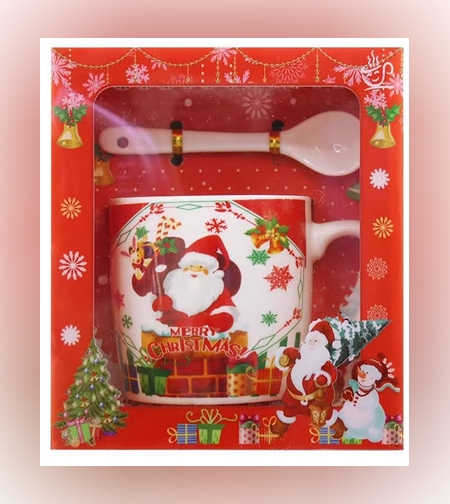 Set cana ceramica cu lingurita Flippy, 200 ml, tematica Mos Craciun cu sac de cadouri, multicolor