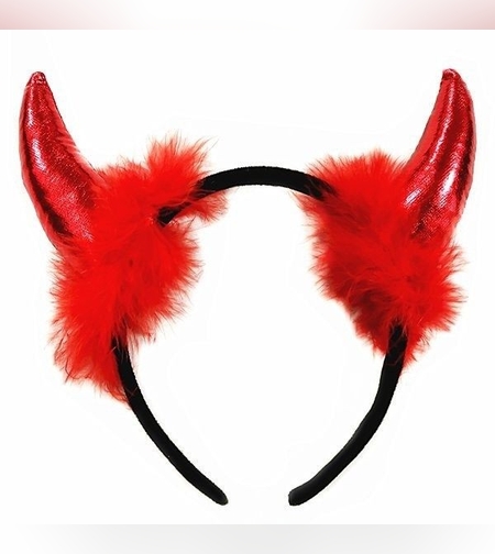 Coronita Deghizare, Flippy, Model Cornite Devil, Rosu Satinat cu Puf Rosu, Marime Universala