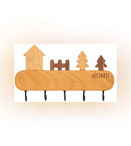 Suport pentru Chei, Flippy, din Lemn, Aplicare fara Perforare, Adeziv Inclus, 5 Carlige Negre, Model Casuta, Greutate Suportata 5 kg, 13.5 x 23 cm, Maro