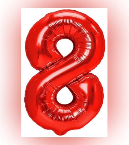 Balon din Folie Metalizata Flippy, Figurina Cifra, Tema Aniversare 40 cm, Ambalaj Individual, Pai inclus, Umflare cu Aer sau Heliu, Rosu, Cifra 8