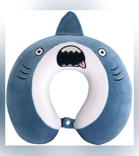 Perna de Calatorie in Forma de U, Flippy, Pentru Gat si Cap, Umplutura din Spuma cu Memorie, 30x30 cm, Model Rechin, Accesoriu de Voiaj, Birou, Masina, Sistem Prindere Capse, Albastru
