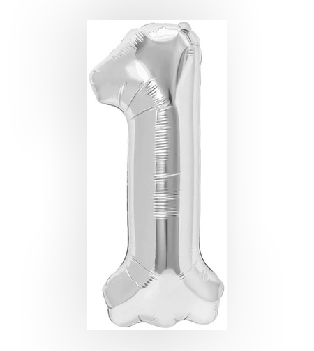 Balon din Folie Metalizata, Flippy, Figurina Cifra, Tema Aniversare 40 cm, Ambalaj Individual, Pai inclus, Umflare cu Aer sau Heliu, Argintiu, Cifra 1