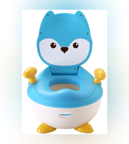 Olita pentru Copii, Flippy, +6 luni, Compartiment Detasabil, cu Capac, Antiderapanta, din Plastic, Colac Moale, Model Animat Vulpe, cu Maner, 34.5 x 35 x 23 cm, Albastru/Alb