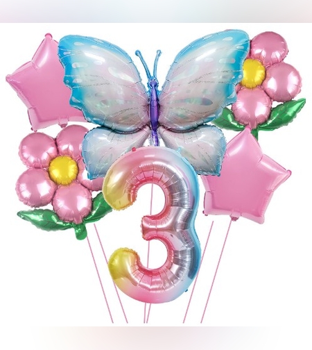 Set baloane aniversare cu numere, din folie de aluminiu, 6 piese, 2 flori, 2 stelute, 1 fluture, 1 cifra, Multicolor, Cifra 3