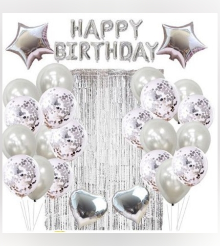 Set 24 de baloane folie si latex, 10 baloane latex simple, 10 bloane latex cu paiete, 4 baloane folie, ribon, 1x2 m perdea, Argintiu