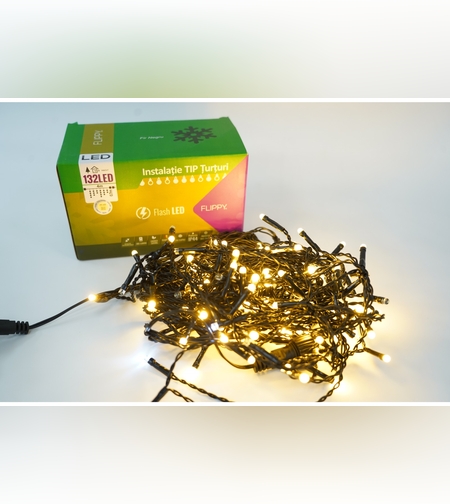 Instalatie de Craciun Flippy® Tip Turturi, Franjuri cu Flash, Sectiune 4 m, 132 LED-uri, Interconectabila, Fir Negru, Alb Cald