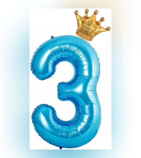 Balon din Folie Metalizata Flippy, Figurina Cifra si Coroana, Tema Aniversare 100 cm, Ambalaj Individual, Pai inclus, Umflare cu Aer sau Heliu, Albastru, Cifra 3