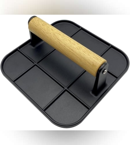 Presa Manuala pentru Carne, Flippy, din Aliaj de Aluminiu, Maner din Lemn, Presa pentru Burgeri, Usor de Curatat si Folosit, Patrata, 16x16x6 cm, Neagra