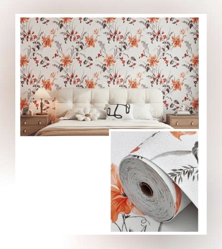 Rola Autoadeziva pentru Perete, Flippy, din Panza, 10 m, Rezistenta la Umezeala, 2.5 mm Grosime, Model Flori, Portocaliu