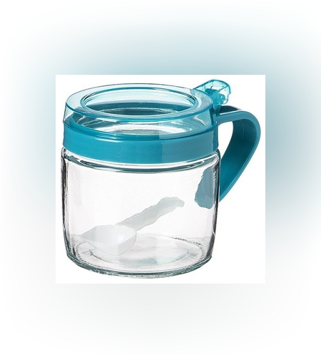 Recipient Condimente, Flippy, din Stilca, 180 ml, cu Maner si Lingurita, 8 x 9 cm, Capac Transparent, Albastru