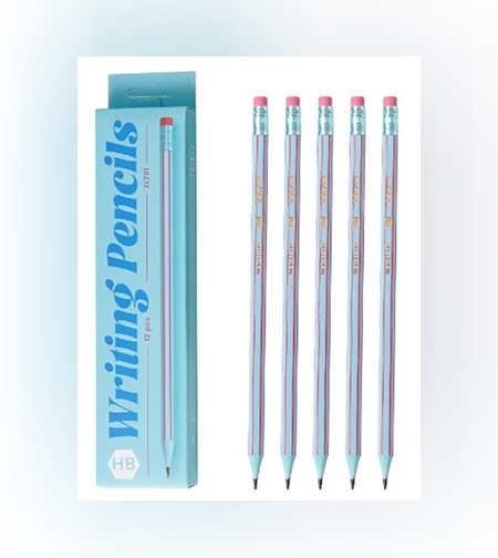 Set 12 Creioane Negre, Flippy, HB, pentru Scoala, cu Radiera, Model Albastru Deschis-Roz, 19 cm