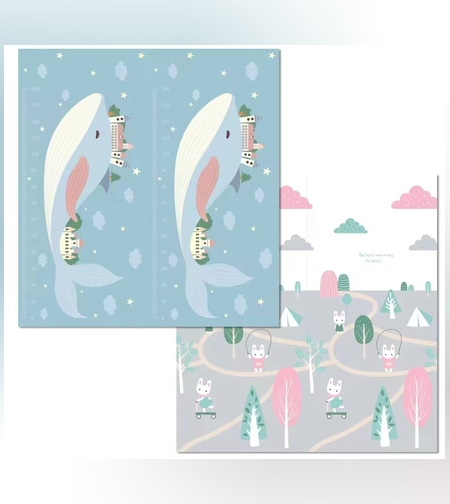 Covoras pentru Copii, Flippy, cu 2 Fete, Model Balene/Iepurasi, din XPE+PE, Impermeabil, Antiderapant, Protectie Termica, +3 Luni, Pliabil, 180 x 200 x 1.5 cm, Multicolor