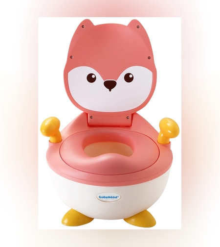 Olita pentru Copii, Flippy, +6 luni, Compartiment Detasabil, cu Capac, Antiderapanta, din Plastic, Colac Moale, Model Animat Vulpe, cu Maner, 34.5 x 35 x 23 cm, Roz/Alb