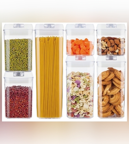 Set 7 Recipiente din Plastic, Flippy, pentru Alimente/Obiecte, Inchidere Ermetica, 2 x 0.5l, 2 x 0.8l, 2 x 1.2l, 1 x 1.9 l, Capac Alb, Transparent