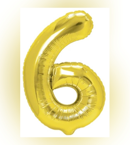 Balon din Folie Metalizata Flippy, Figurina Cifra, Tema Aniversare 80 cm, Ambalaj Individual, Pai inclus, Umflare cu Aer sau Heliu, Auriu, Cifra 6