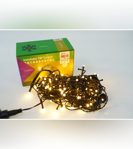 Instalatie de Craciun Flippy® Tip Turturi, 8 jocuri de lumini Sectiune 3 m, 96 LED-uri, Interconectabila, Fir Negru, Alb Cald