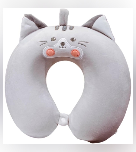 Perna de Calatorie in Forma de U, Flippy, Pentru Gat si Cap, Umplutura din Spuma cu Memorie, 30x30 cm, Model Pisica, Accesoriu de Voiaj, Birou, Masina, Sistem Prindere Capse, Gri
