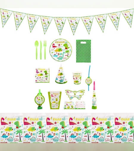 Set 16 Accesorii de Masa, Flippy, Colectia Dino Park, 136 Piese, din Carton/Plastic/Hartie, Multicolor